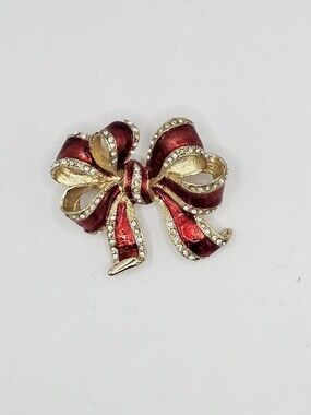 Macy's Holiday Lane Red Christmas Bow Brooch - Gold Glitter Ribbon